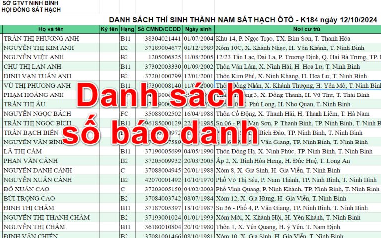 Danh sách Khóa 184 thi lấy GPLX ngày 12 và 13/10/2024