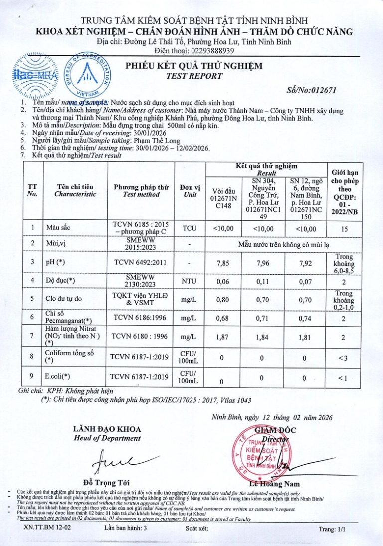 Báo cáo xét nghiệm nước tháng 1 đến tháng 4 năm 2026